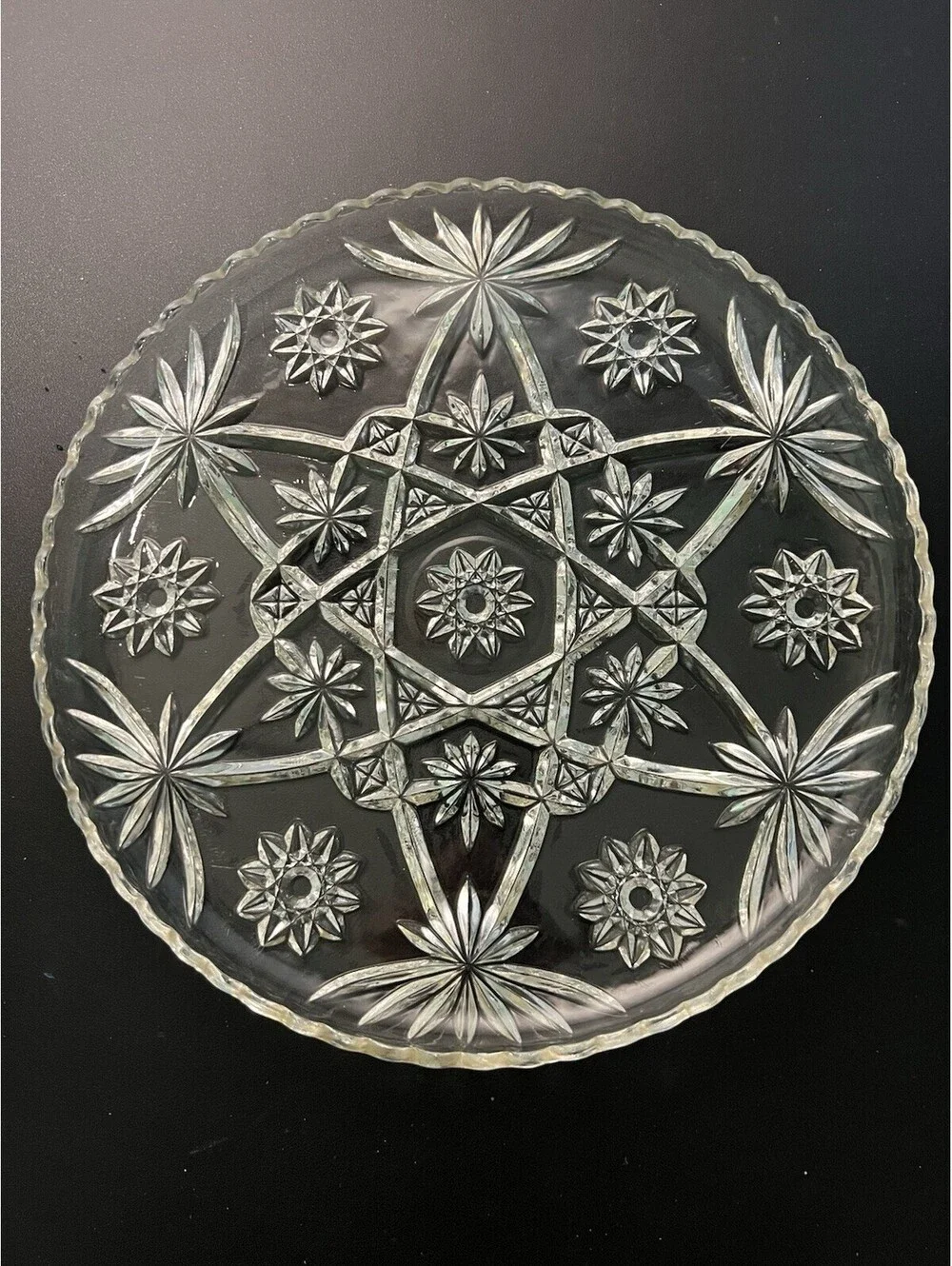 Anchor Hocking 1960s EAPC Star Of David Pressed Glass Platter Plate, 13.5”
